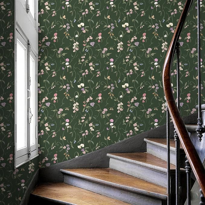 Vintage Wallpaper Peel and Stick Dark Green Floral Wallpaper Leaf Contact Paper Vinyl Waterproof Self Adhesive Boho Botanical Wall Paper for Bedroom Shlef Cabinet Decor 17.3" x 78.7"