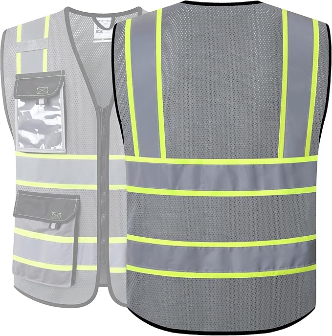 JKSafety Hi Vis Reflective Safety Vests for Men Women High Visibility Vest with Pockets Mesh Fabric Construction Safety Apparel Neon Vest for Work (220-Grey XXL)