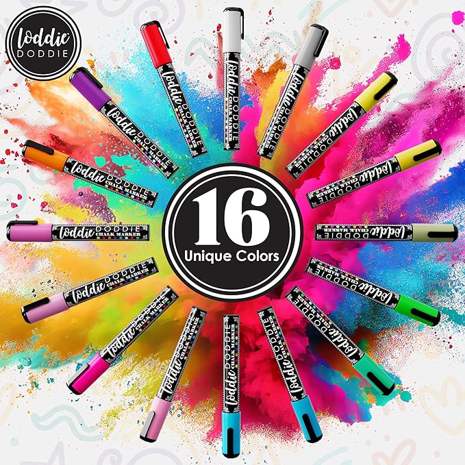 Loddie Doddie Chalk Markers - Pack of 16, Reversible 6mm Tips - Vibrant Chalkboard Designs with Chalkboard Markers - Easy Erase on Glass & Whiteboards with Dry Erase Pen