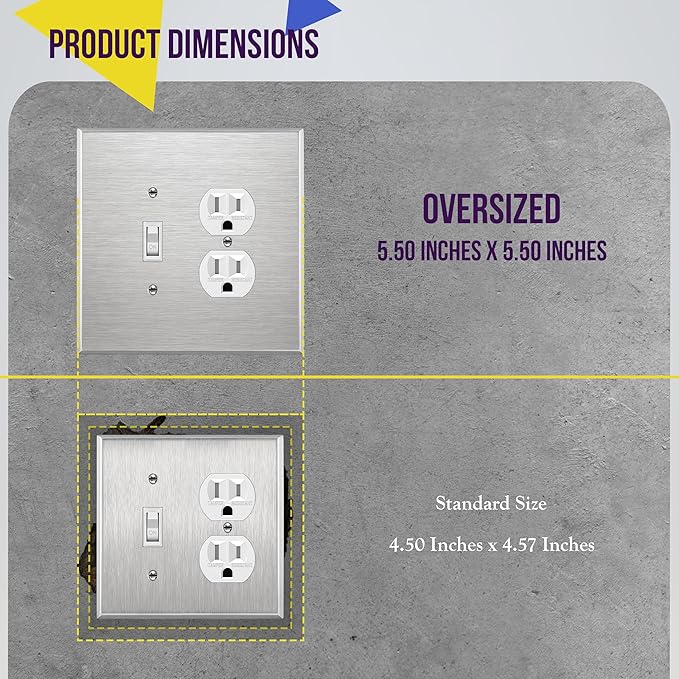 ENERLITES Combination Toggle Light Switch or Duplex Receptacle Outlet Metal Wall Plate, Corrosion Resistant, Over Size 2-Gang 5.5" x 5.5", 771121O, 430 Stainless Steel, UL Listed, Silver