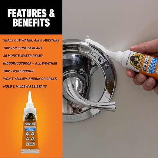 Gorilla 100% Silicone Caulk, Waterproof Sealant, 2.8oz Squeeze Tube (Pack of 1) – White -10 Year Mold Resistant Kitchen, Window, Bath, Marine, Door and More