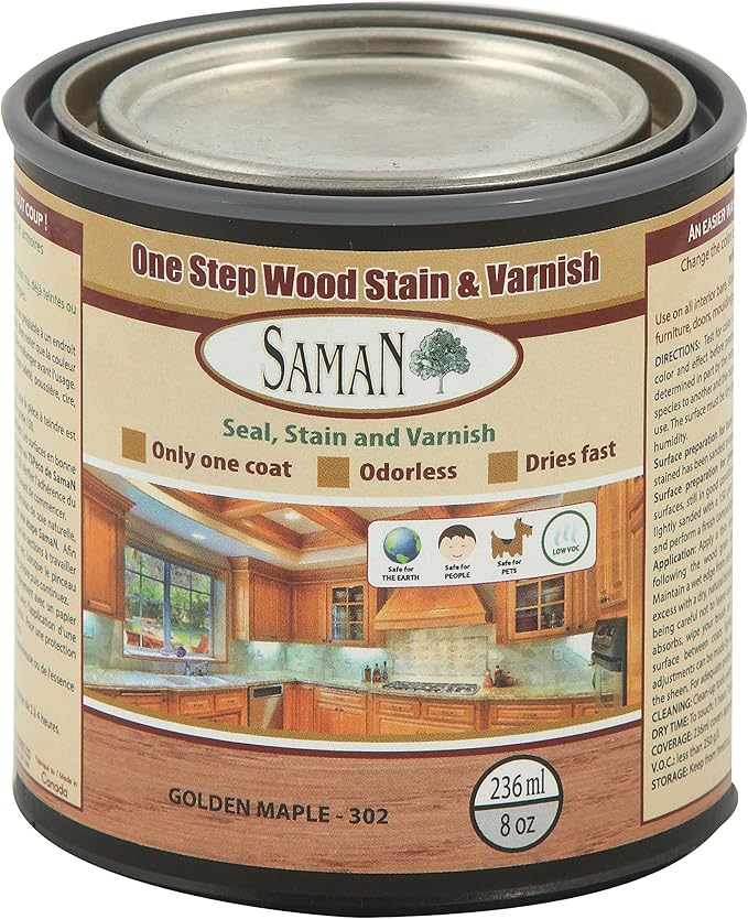 SamaN Interior One Step Wood Seal, Stain and Varnish – Oil Based Odorless Dye - Protection for Furniture and Fine Wood (Golden Maple SAM-302, 8 oz)