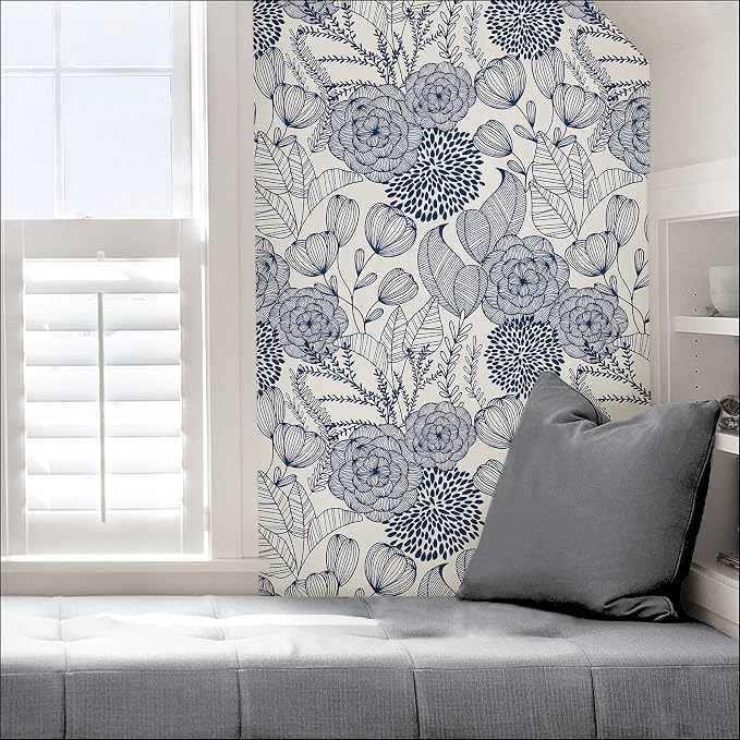 NuWallpaper by WallPops NUS3830 Navy Secret Garden Peel & Stick Wallpaper, Blue