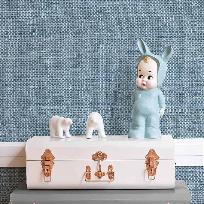 JiffDiff Grasscloth Wallpaper Peel and Stick 1181" x 17.3" Blue Cream Grassweave Stick on Wallpaper Textured Self Adhesive Wall Paper Contact Paper