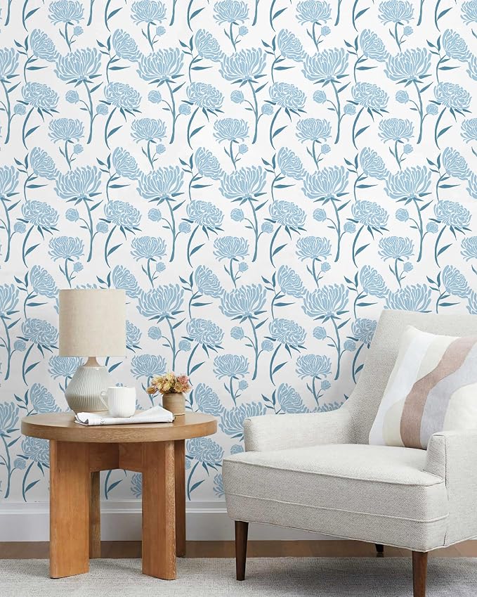 Hopepak Peel and Stick Wallpaper Floral Contact Paper Blue Floral Wallpapers Modern Self Adhesive Removable Vinyl Wallpaper for Living Room 17.3"x197"