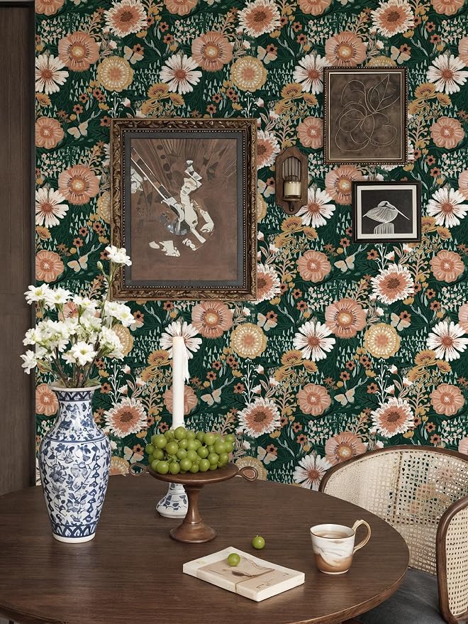 Boho Retro Dark Green Wallpaper Peel and Stick Wallpaper Vintage Floral Contact Paper 17.3''x362'' Bohemian Removable Wall Paper Renter Friendly Waterproof Wall Mural Bedroom Bathroom Vinyl
