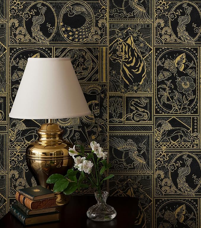 Erfoni Black and Gold Wallpaper Vintage Peel and Stick Wallpaper Special Animals Pattern Contact Paper Stick and Peel Self Adhesive Removable Wall Paper for Countertop Cabinets Covering 78.7"x17.7"