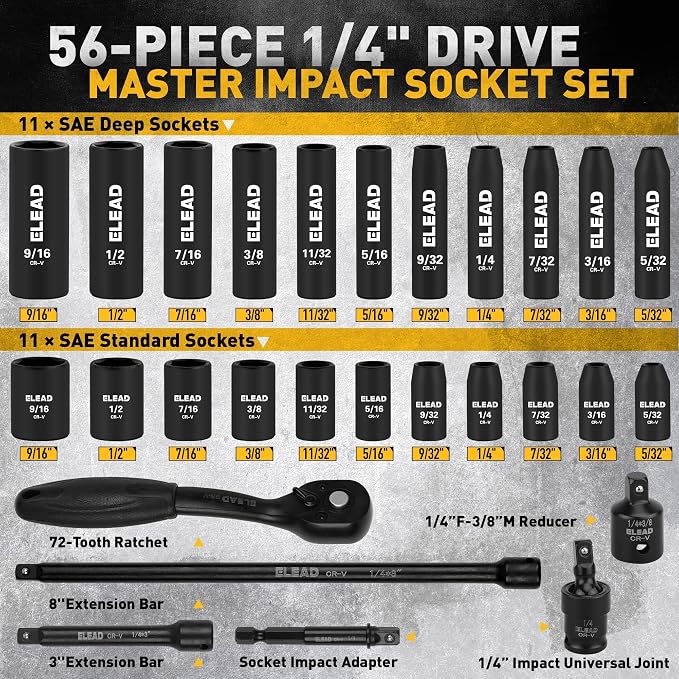 1/4" Drive Impact Socket Set, 56-Piece Standard SAE (5/32 to 9/16 inch) and Metric (4-15mm) Size, Deep & Shallow, 6 Point, Cr-V, 72-Tooth Ratchet Handle, Extension Bar, Universal Joint