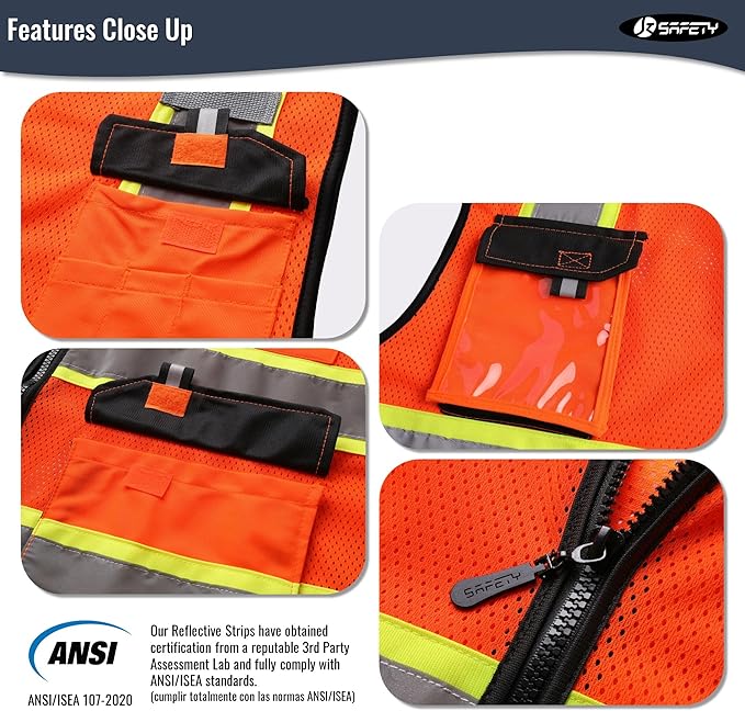 JKSafety Hi Vis Reflective Safety Vests for Men Women High Visibility Vest with Pockets Mesh Fabric Construction Safety Apparel Neon Vest for Work (220-Orange 5XL)
