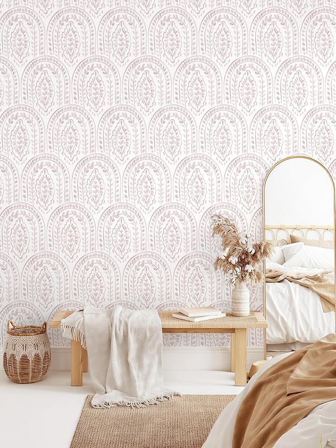 EeeComing Pink Peel and Stick Wallpaper Boho Wall Paper Peel and Stick Modern Contact Paper Self Adhesive Wallpaper for Bedroom and Bathroom Removable Cabinet Shelf Liner Vinyl 17.3”X118.1”