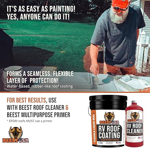 BEEST RV Roof Coating White, 5 Gallon Covers up to 250 sq ft (2 Coats), Solar Reflective & Waterproof Sealant| Elastomeric Leak Repair Coating, Liquid Rubber RV Roof Sealant for Trailer, Camper & More