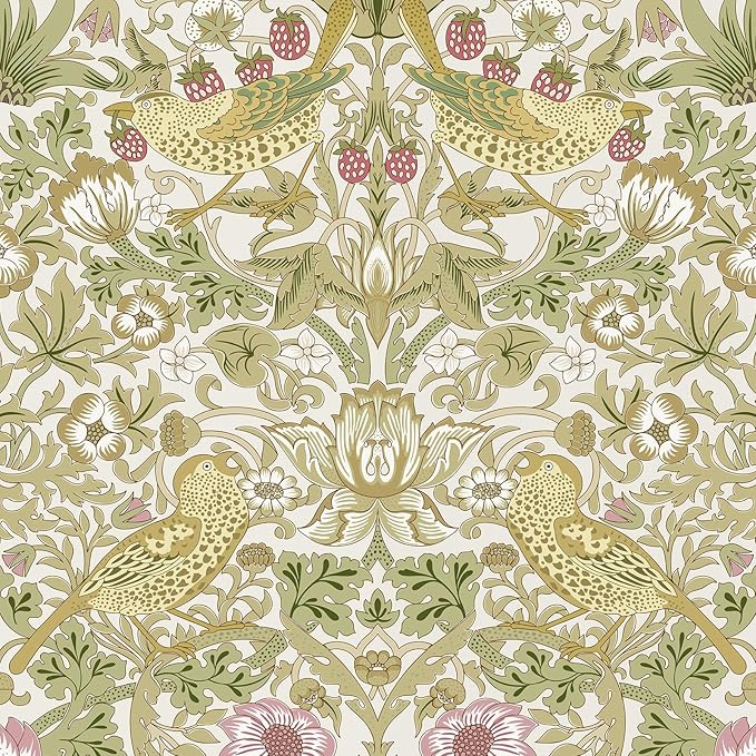 HueBurst White Floral Peel and Stick Wallpaper William Morris Vintage Botanical/Bird Removable Wall Paper,Self Adhesive Waterproof Contact Paper for Living Room Dining Room Kitchen Decor 17.7 x 236In