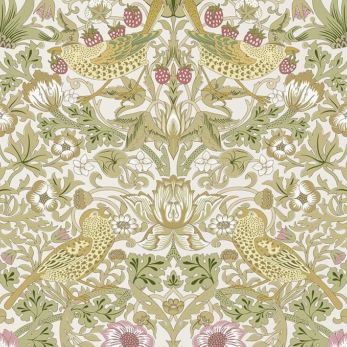 HueBurst William Morris Vintage Peel and Stick Wallpaper 17.7 x 118in Strawberry/Bird Botanical Self Adhesive Removable Waterproof Contact Paper for Living Room Bedroom Cabinets Drawers Decor