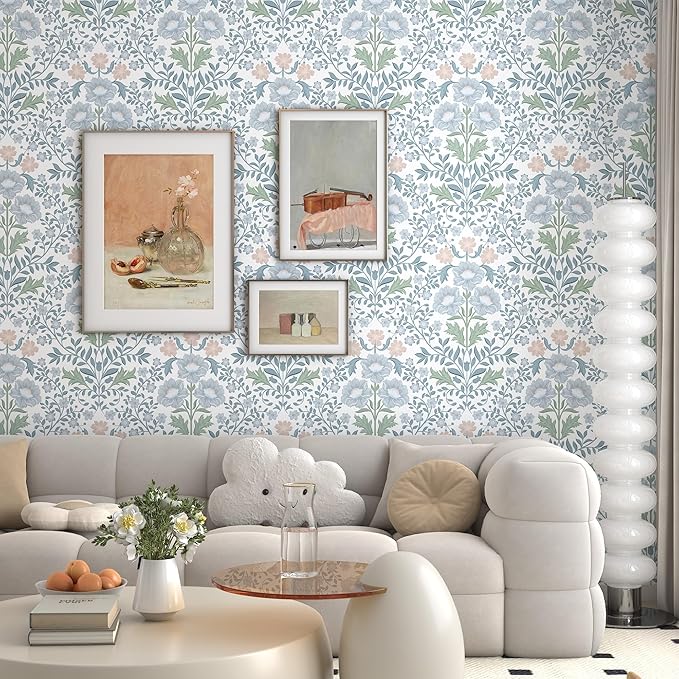 PeonyQueen Floral Peel and Stick Wallpaper 17.3"x393" Boho Contact Paper | Self Adhesive Removable Wall Paper for Bathroom Bedroom Blue and White Wildflower Wallpapers for Walls Home Decorate Vinyl