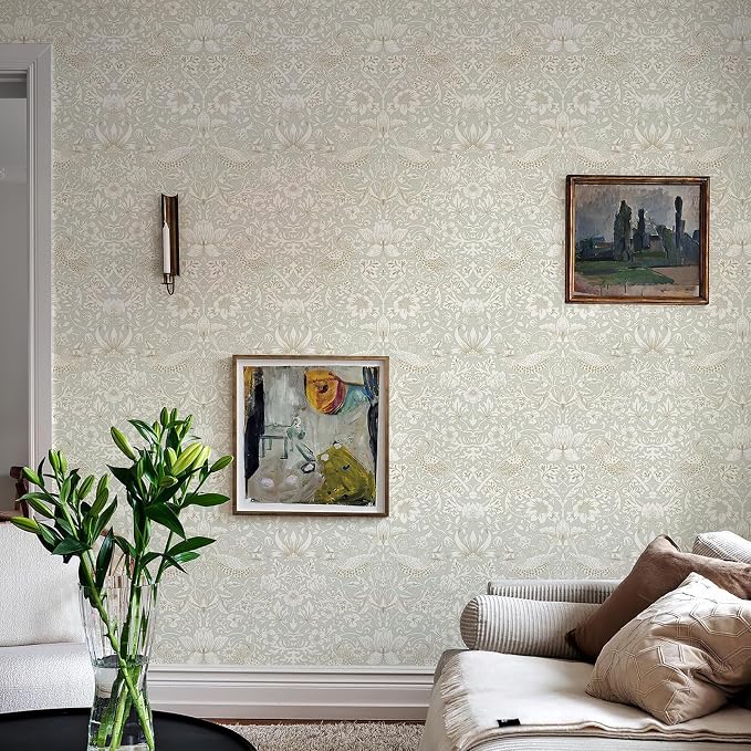 HueBurst William Morris Vintage Peel and Stick Wallpaper 17.7 x 800in Grey Botanical Self Adhesive Removable Waterproof Contact Paper for Living Room Bedroom Cabinets Drawers Decor