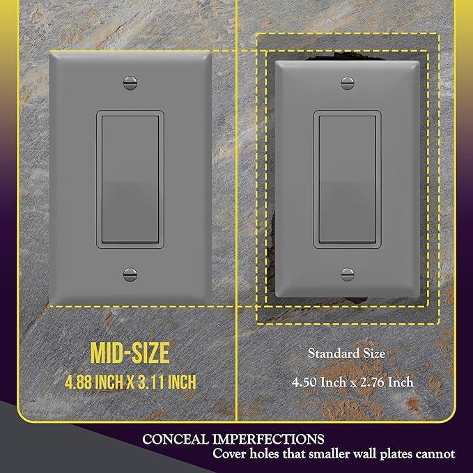 ENERLITES Decorator Light Switch or Receptacle Outlet Wall Plate, Gloss Finish, Mid-Size 1-Gang 4.88" x 3.11", Unbreakable Polycarbonate Thermoplastic, UL Listed, 8831M-GY-10PCS, Gray, 10 pack