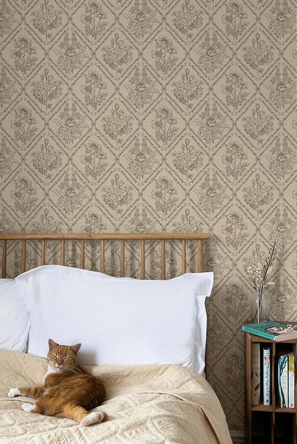 Toduso Vintage Peel and Stick Wallpaper Brown Floral Wallpaper for Kitchen Boho Neutral Contact Paper Removable Waterproof Self Adhesive Wall Paper for Bathroom Bedroom Drawer Decor Vinyl 17.3"x78.7"