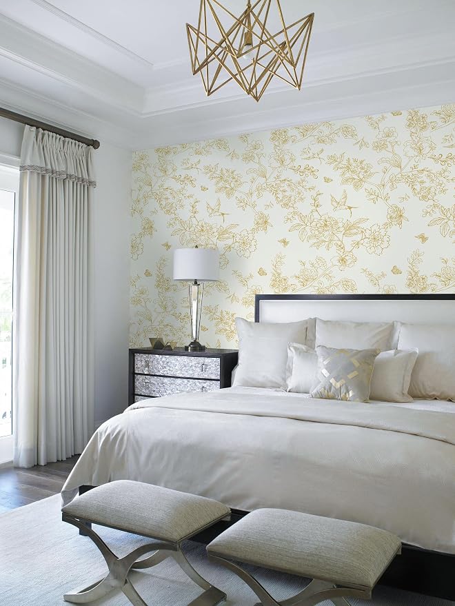 Froluya Cream White and Gold Floral Wallpaper Peel and Stick Wallpaper 17.7"x196.8" Vintage Floral Removable Self Adhesive Wall Paper for Bedroom Boho Contact Paper Peel and Stick Decorative Cabinets