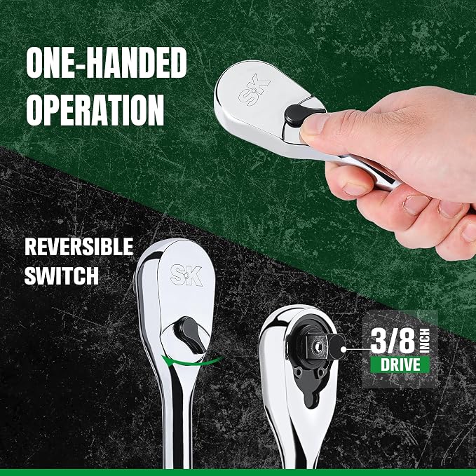SK 3/8" Drive Ratchet Handle, Pear Head, 90-Tooth Ratchet, Alloy Steel | Reversible Switch for One-Handed Operation, Heat Treated SuperKrome Finish,Enclosed Head with Contoured Handle