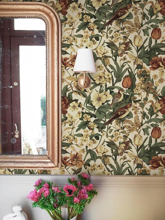 Erfoni 17.3" x197" Beige Retro Floral and Bird Contact Paper Vintage Peel and Stick Wallpaper for Bedroom DIY Self Adhesive Wall Paper Boho Floral Leaf Removable Wallpaper for Accent Wall Covering