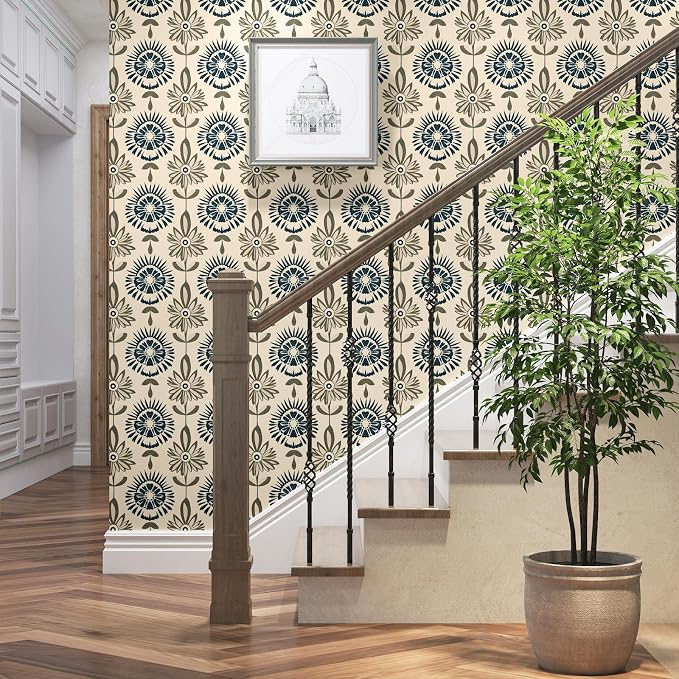 BOKEBEVE Boho Floral Peel and Stick Wallpaper Beige Blue 17.5 x 118In | Symmetry Contact Paper Modern Wall Paper for Bedroom Accent Walls Laundry Nursery Pantry Renter Friendly Removable