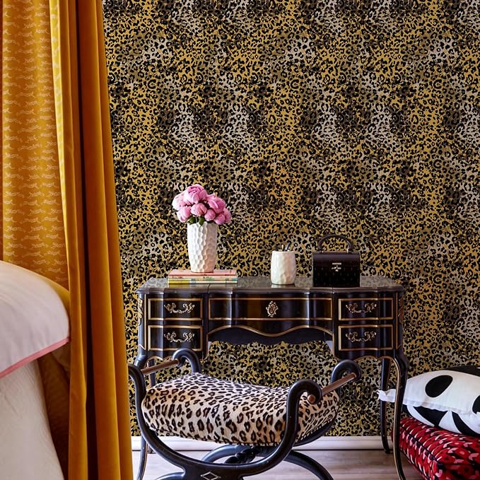 Black Gold Leopard Print Peel and Stick Wallpaper, 17.3" x 120" | Waterproof Removable Self Adhesive Wallpaper, Unique Funky Cheetah Contact Paper for Bedroom, Bathroom, Decor