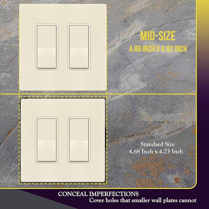 ENERLITES Screwless Decorator Wall Plates Child Safe Outlet Covers, Gloss Finish, Medium Size 2-Gang 4.88" H x 4.92” L, Unbreakable Polycarbonate Thermoplastic, SI8832M-LA-10PCS, Light Almond, 10 Pack