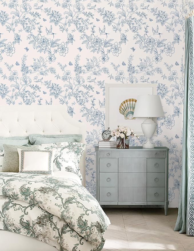 Froluya Cream White and Blue Floral Wallpaper Peel and Stick Wallpaper 17.7"x393.7" Vintage Floral Peel and Stick Wall Paper Removable Boho Self Adhesive Contact Paper for Bedroom Bathroom Vinyl