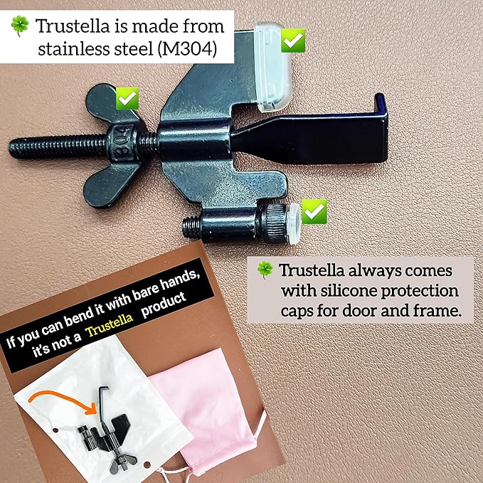 Original Trustella Heavy-Duty Portable Door Lock - Stainless Steel Security Device for Enhanced Safety - Ideal for Home, Travel, Hotels, Apartments - Silicone Protector Caps Included (1, Black)
