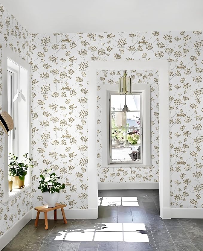Hopepak Floral Peel and Stick Wallpaper Beige Contact Paper for Bedroom Leaf Removable Self Adhesive Wall Paper for Bathroom Modern Wallpaper for Walls Cabinets Shelf Liner Vinyl 17.3" x 78.7"