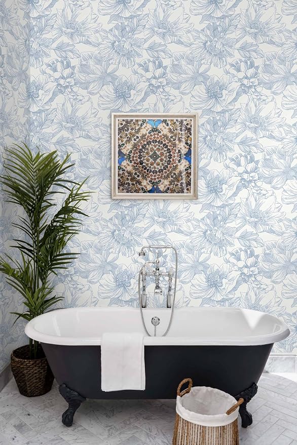 78.7"x17.3"Peel and Stick Blue Vintage Floral Line Wallpaper for Living Room