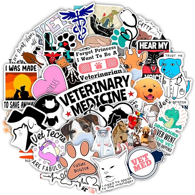 BulbaCraft 100Pcs Funny Veterinary Stickers and Laptop Decals, Vet Stickers, Veterinarian Decals, Funny Veterinary Gifts, Gifts for Women & Men