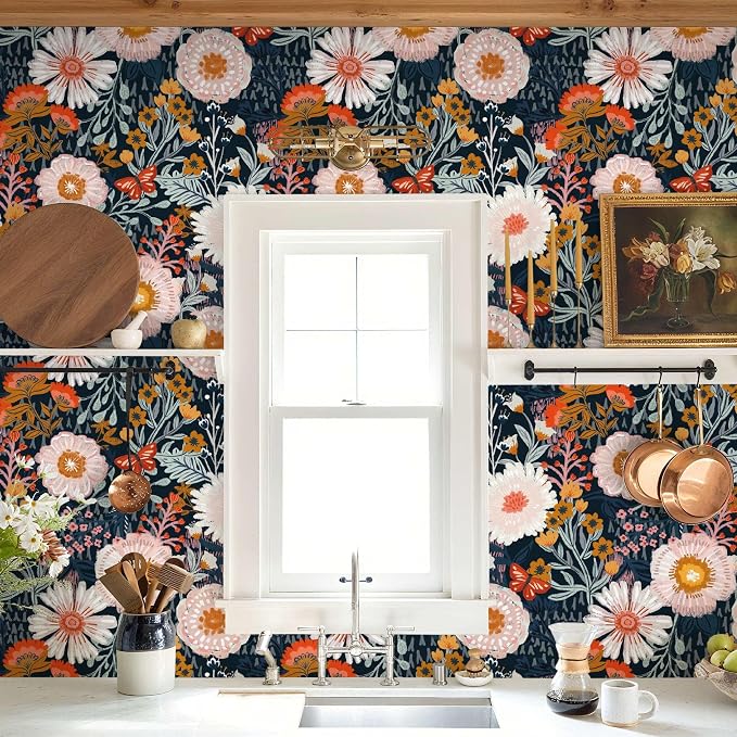 Dimoon Boho Wallpaper Peel and Stick Wallpaper Floral Retro Contact Paper 17.3''x385'' Dark Blue Vintage Bohemian Removable Wall Paper Renter Friendly Waterproof Wall Mural for Bedroom Bathroom Vinyl
