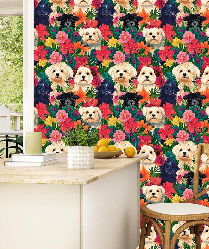 BOKEBEVE Dogs Floral Wallpaper Peel and Stick Boho Colorful 17.5 x 118In | Removable Self Adhesive Renter Friendly Vintage Floral Wall Paper for Bedroom Bathroom Cabinet Drawer Accent Wall