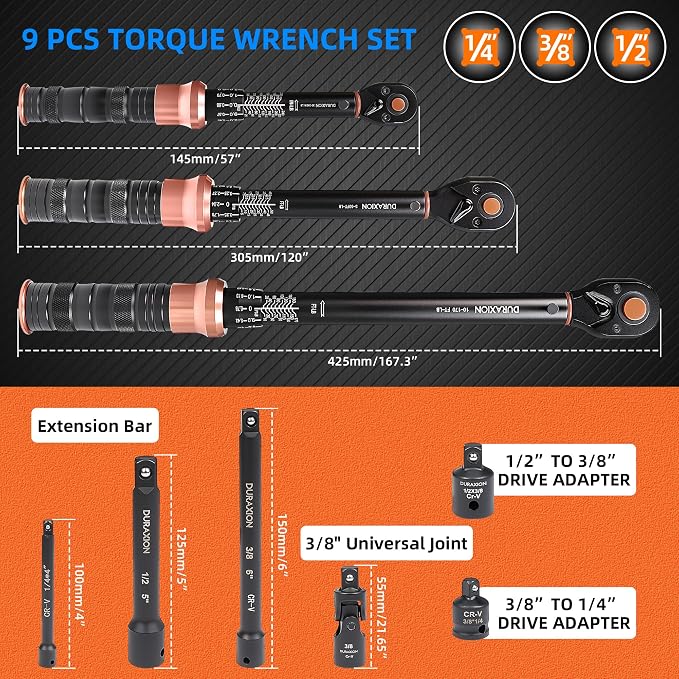 Torque Wrench Set 1/4 3/8 1/2-Inch Drive 20-240in.lb 5-50&10-170ft.lb | Dual Range Scales ±3% Precision 72 tooth Dual-direction Torque Wrenches for Bike Motorcycle Car and Truck Maintenance