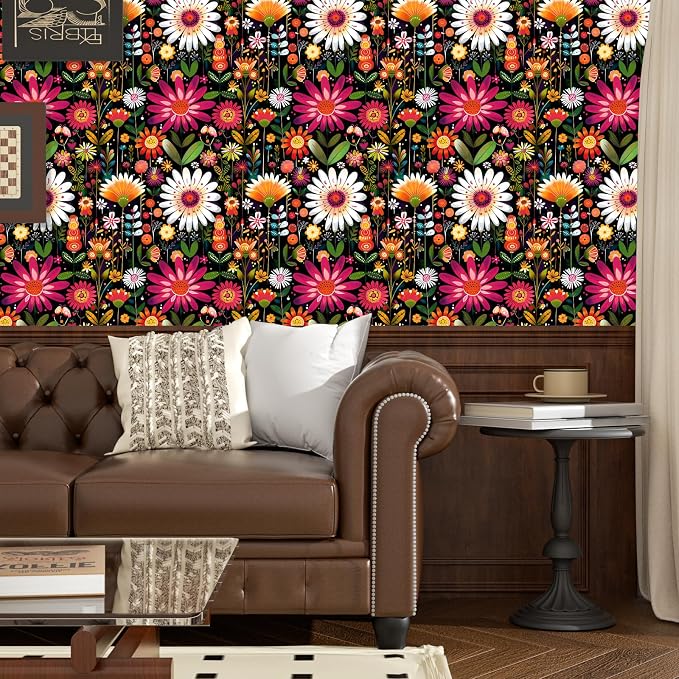 BOKEBEVE Floral Wallpaper Peel and Stick Boho Pink Colorful 17.5 x 118In | Removable Self Adhesive Renter Friendly Vintage Floral Wall Paper for Bedroom Bathroom Cabinet Drawer Feature Accent Wall