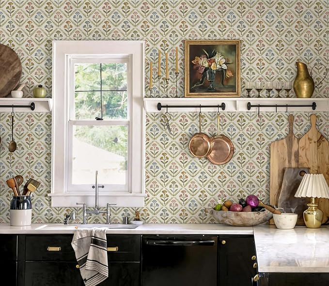 Dimoon Vintage Peel and Stick Wallpaper Retro Botanical Contact Paper Farmhouse Wallpaper Cottage Renter Friendly Removable Geometric Wall Paper for Bathroom Kitchen Textured Vinyl 17.3''x197''