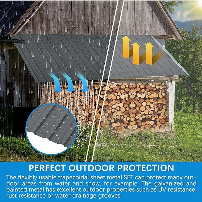 Metal Roof Panels 25 pcs 176.5 ft² Galvanized Steel Corrugated Tin Roofing Panels Gazebo Top Cover Garages,Sheds, Stables and Mobile Homes Replacement for Patio Outdoor Garden, Gray