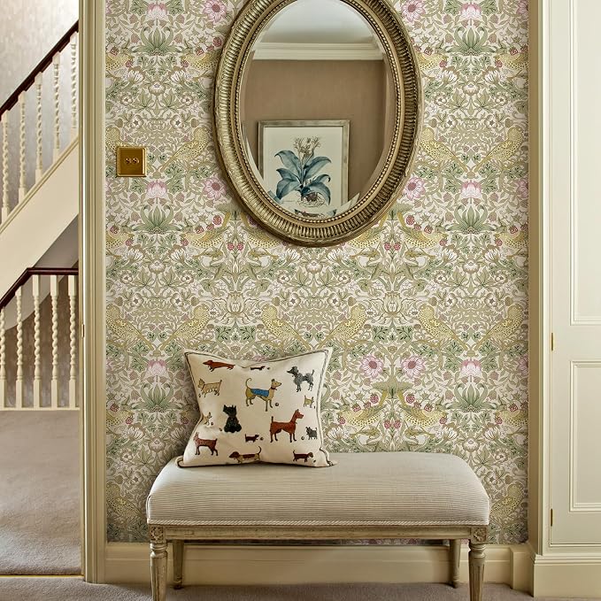 HueBurst William Morris Vintage Peel and Stick Wallpaper 17.7 x 800in Strawberry/Bird Botanical Self Adhesive Removable Waterproof Contact Paper for Living Room Bedroom Cabinets Drawers Decor