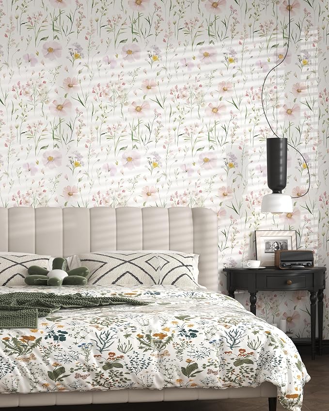 Floral Peel and Stick Wallpaper Boho Contact Paper 17.3"×197" | Self Adhesive Removable Wallpaper Pink Floral White Wildflowers Wall Paper for Bedroom Bathroom Art Deco Wallpapers Vinyl