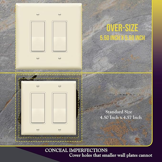 ENERLITES Double Decorator Switch Cover, Two Gang Outlet Wall Plate, Gloss Finish, Oversized 2-Gang 5.50" x 5.50", Unbreakable Polycarbonate Thermoplastic, UL Listed, 8832O-LA, Light Almond