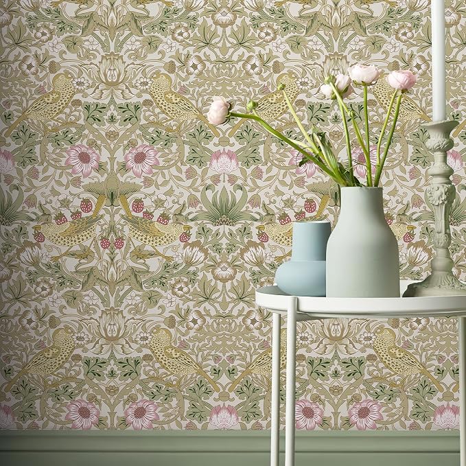 HueBurst William Morris Vintage Peel and Stick Wallpaper 17.7 x 1200in Strawberry/Bird Botanical Self Adhesive Removable Waterproof Contact Paper for Living Room Bedroom Cabinets Drawers Decor