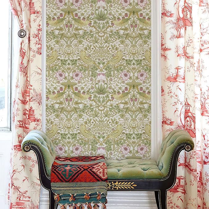 HueBurst William Morris Vintage Peel and Stick Wallpaper 17.7 x 118in Strawberry/Bird Botanical Self Adhesive Removable Waterproof Contact Paper for Living Room Bedroom Cabinets Drawers Decor