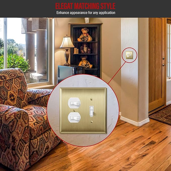 ENERLITES Combination Toggle Switch and Duplex Receptacle Metal Wall Plate, Stainless Steel 201 Outlet Cover, Corrosion-Resistant, Mid-Size 2-Gang 4.88" x 4.92", 771121M-BB, Brushed Brass