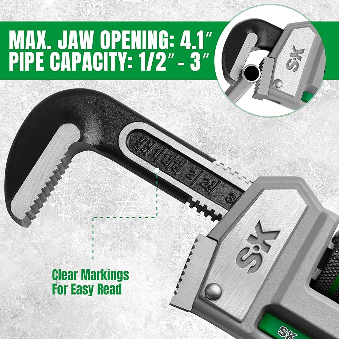 SK 24'' Pipe Wrench, Adjustable Plumbers Wrench, Aluminum Plumbing Wrench | Large Jaw Capacity 1/2'' to 3'', Lightweight I-Beam Handle, Serrated Jaw for Anti-Slip Grip, Drop-Forged Cr-V Steel Head