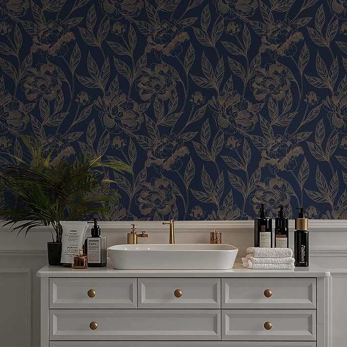 Timeet Peel and Stick Wallpaper Gold and Blue Floral Wall Paper for Bedroom Removable Self Adhesive Elegant Contact Paper Decor 17.7In × 197In