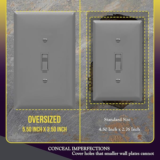 ENERLITES Toggle Light Switch Wall Plate, Jumbo Switch Cover, Gloss Finish, Oversized 1-Gang 5.5" x 3.5", Unbreakable Polycarbonate Thermoplastic, 8811O-GY-10PCS, Gray, 10 pack