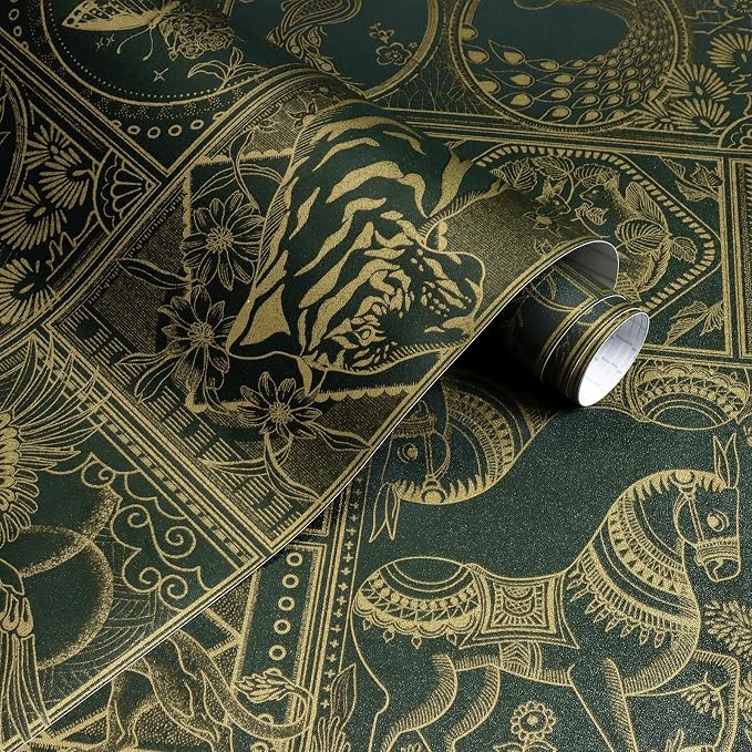 Erfoni 197"x17.7" Green and Gold Wallpaper Vintage Self Adhesive Peel Stick Wallpaper Retro Animail Pattern Contact Paper DIY Stick and Peel Removable Wall Paper Decoration Bedroom Wall Vinyl Roll