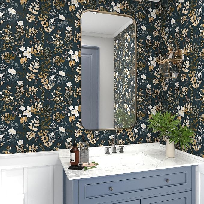 Vintage Dark Navy Gold Floral Peel and Stick Wallpaper 17.5"x787" | Self Adhesive/Removable/Waterproof/Thick Vinyl Extra Long Contact Paper for Bathroom Bedroom Shelf Cabinet Drawer,Prepasted