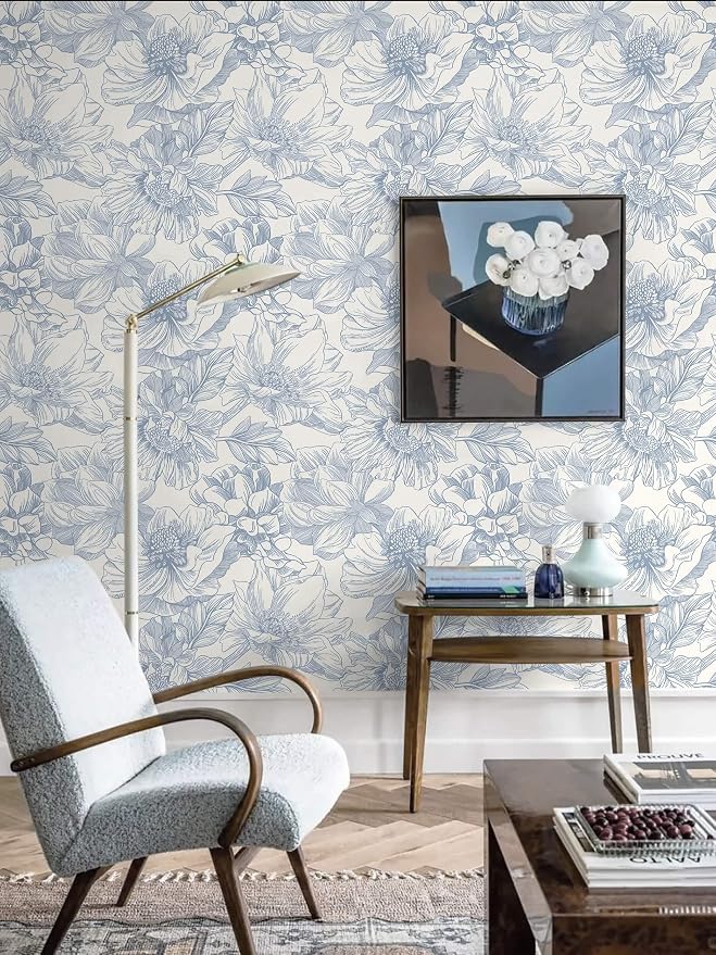 Ismoon Vintage Floral Wallpaper Peel and Stick Beige and Blue Contact Paper 17.3inx32.75ft Removable Self Adhesive Wall Paper for Bathroom Bedroom Cabinet Mural Wall Decor Vinyl Renter Friendly